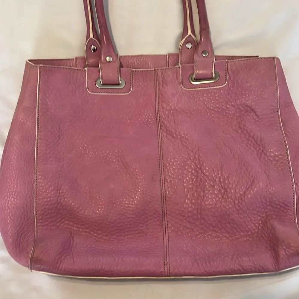 Levenger Leather Handbag Satchel Lavender With White Piping Clean Inside Euc — image 7 of 8